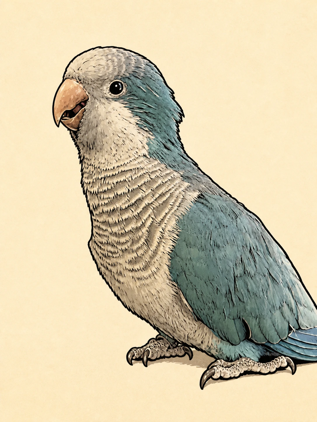 Ink-and-marker illustration of Val, a pale blue quaker parrot with a grey scalloped chest and an orange beak, standing in profile.
