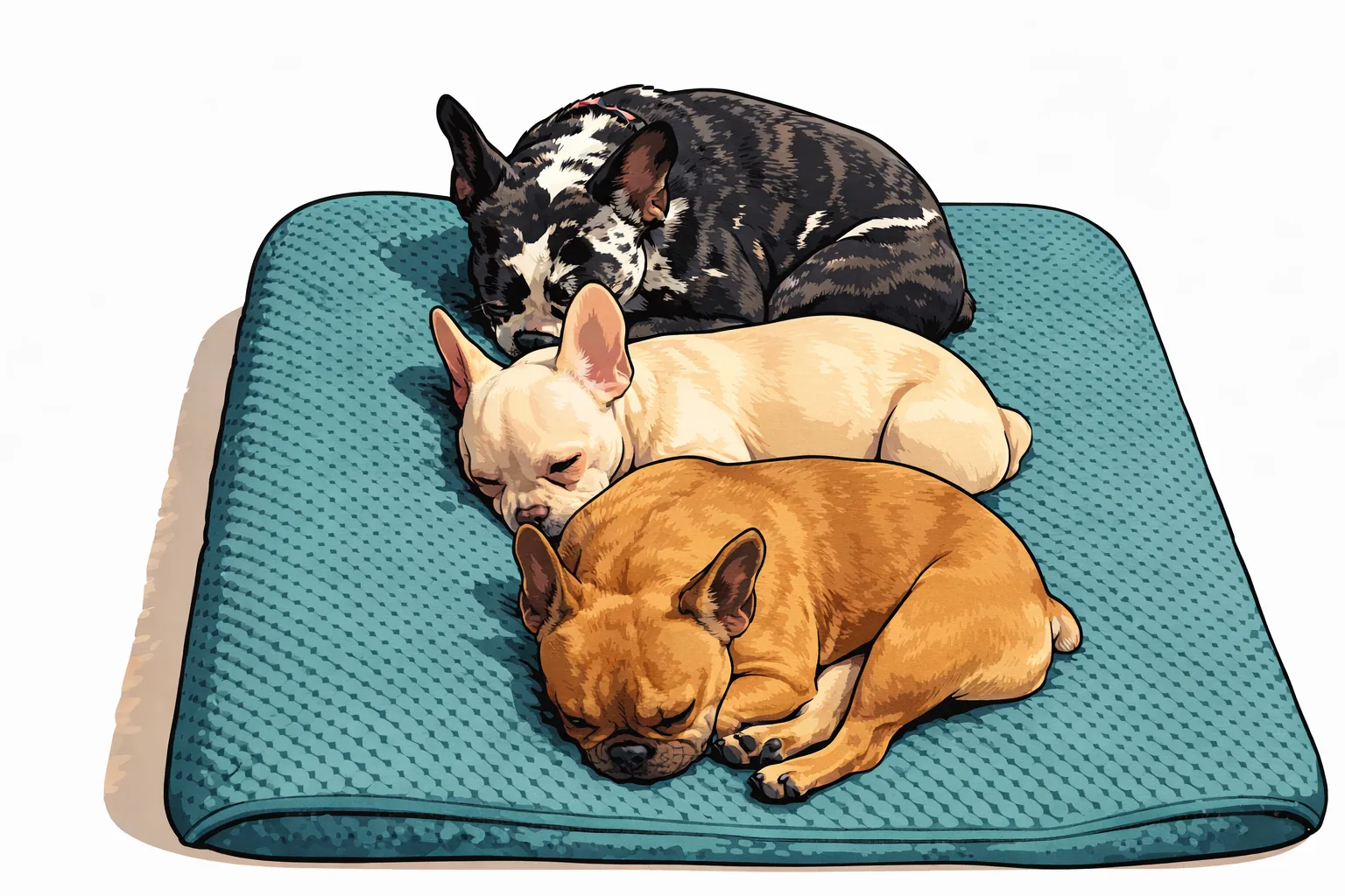 Ink-and-marker illustration of three French Bulldogs napping on a teal dog bed.