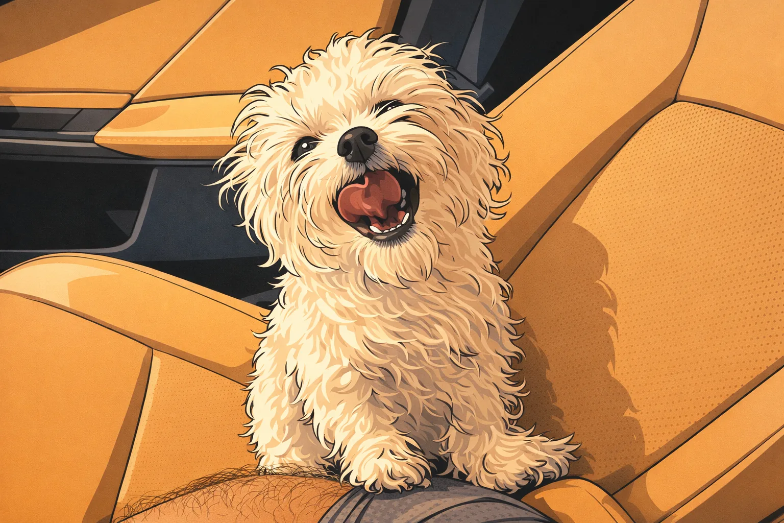 Ink-and-marker illustration of Henry sitting in a tan car seat with his mouth open.
