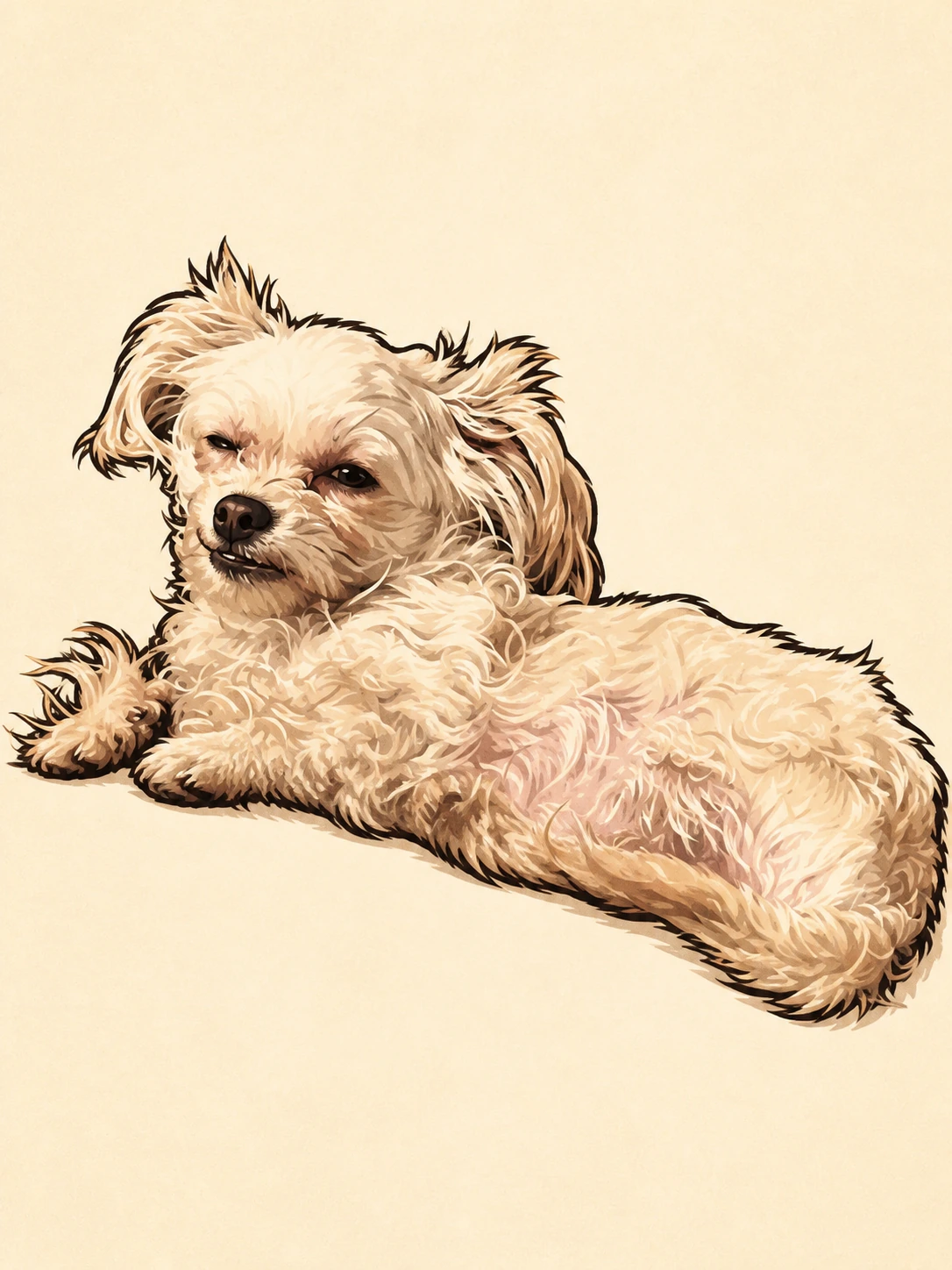 Ink-and-marker illustration of Henry lying down with his front paws tucked under him.