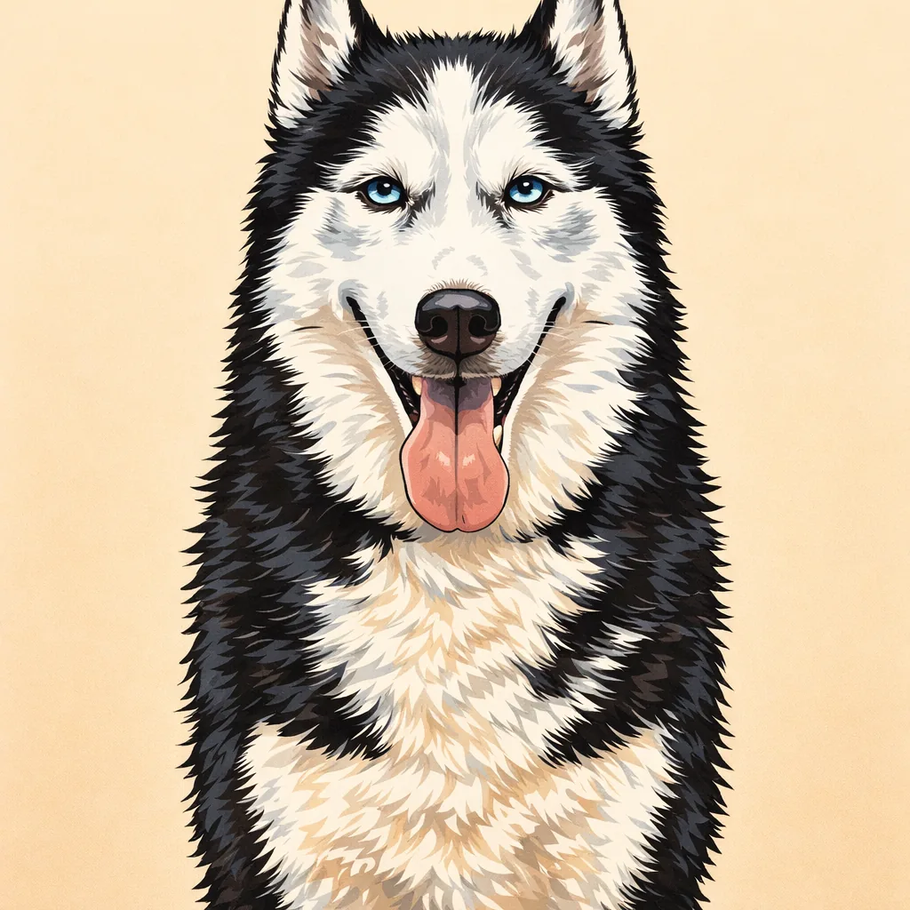 Ink-and-marker illustration of Laika, a black-and-white husky with blue eyes.