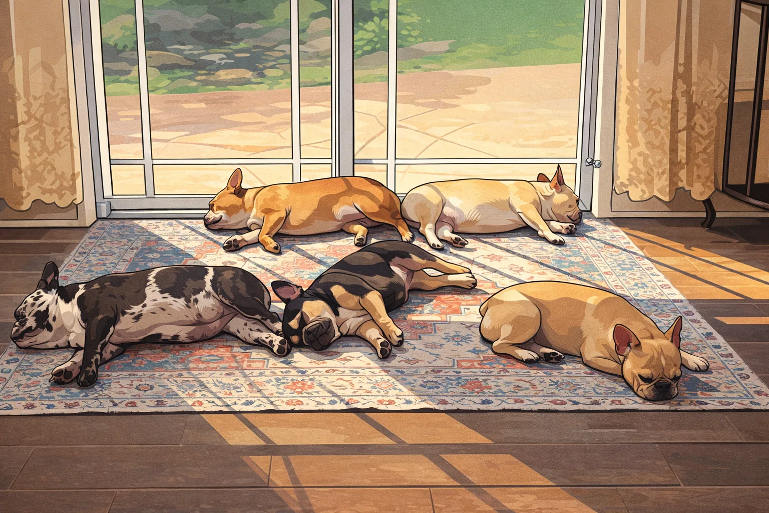 Ink-and-marker illustration of several dogs sleeping in sunbeams by a glass door.