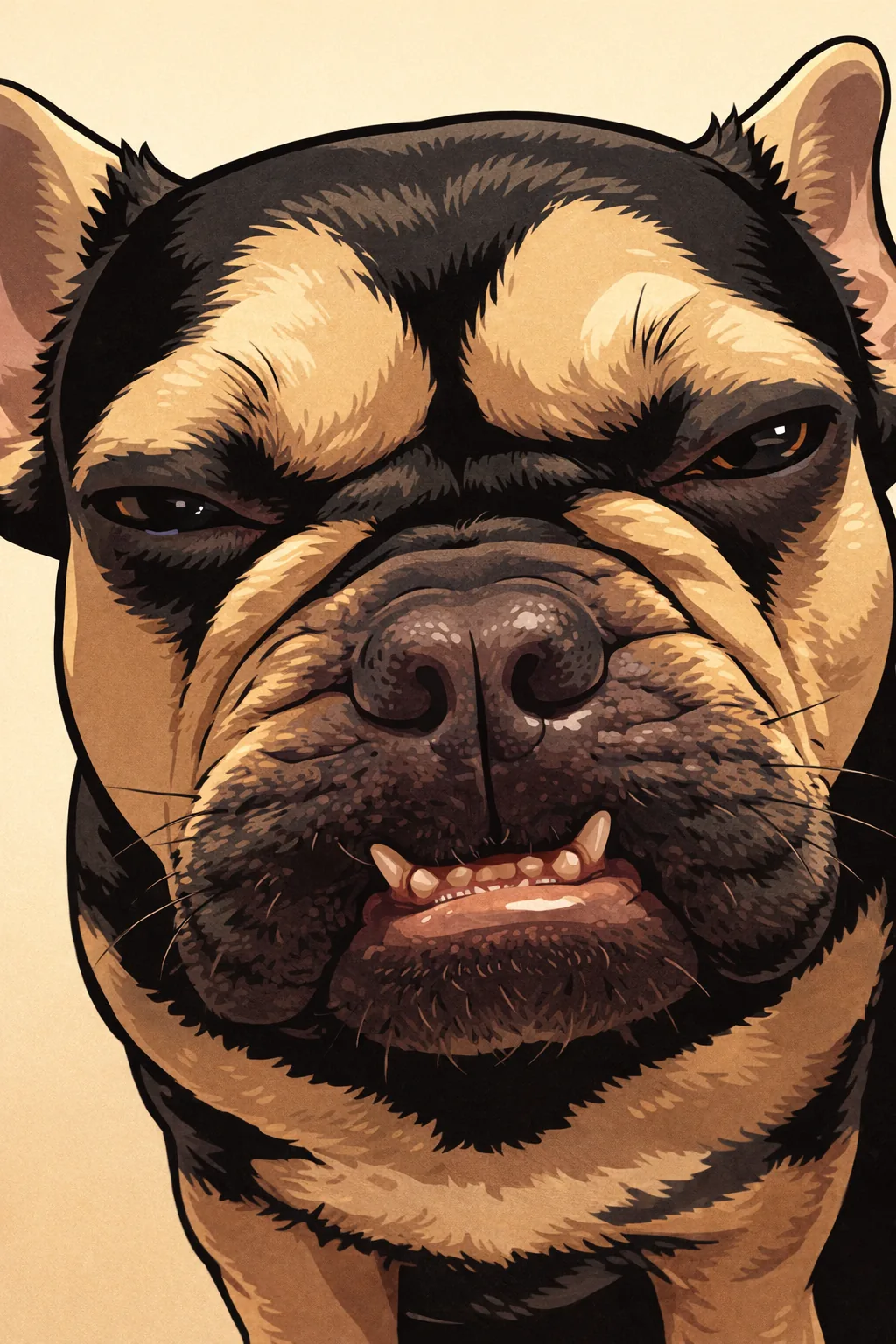 Ink-and-marker illustration of Nina, a black-and-tan French Bulldog making a stern guard dog face.