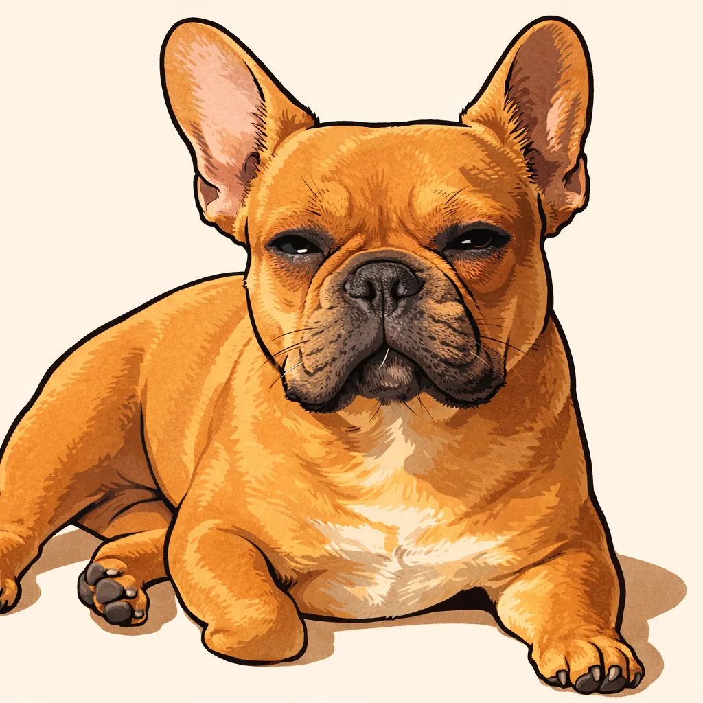 Ink-and-marker illustration of Penelope, a fawn French Bulldog lounging with a serious face.