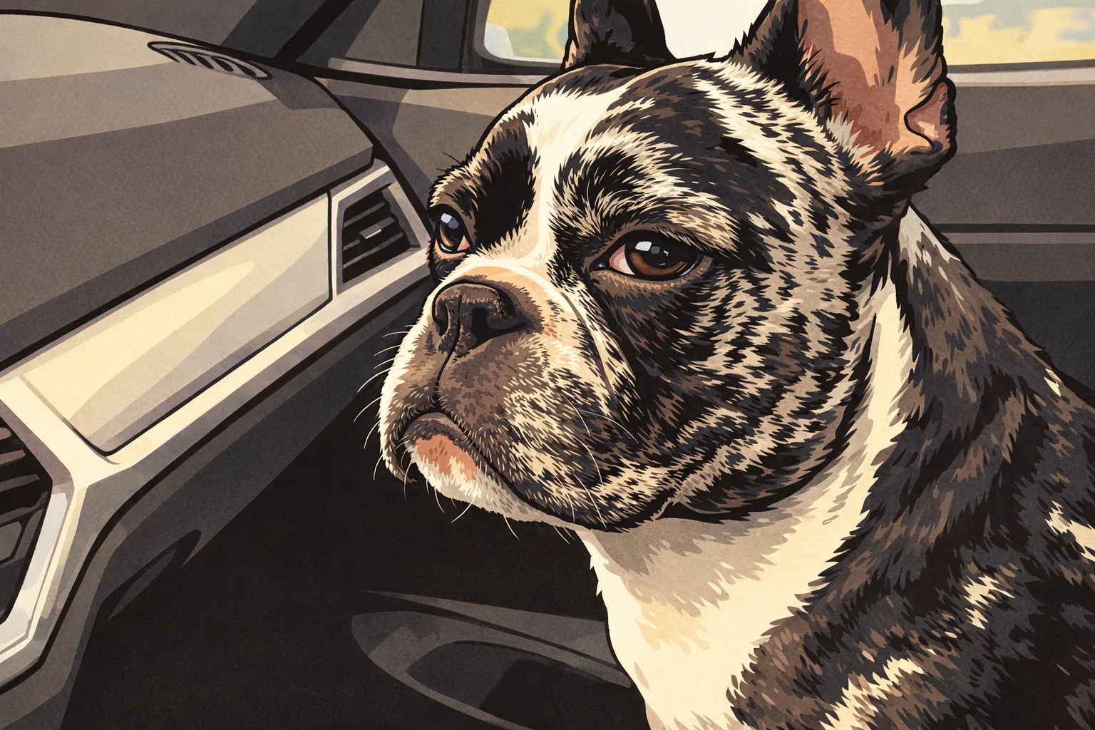 Ink-and-marker illustration of Stella in profile in a car.