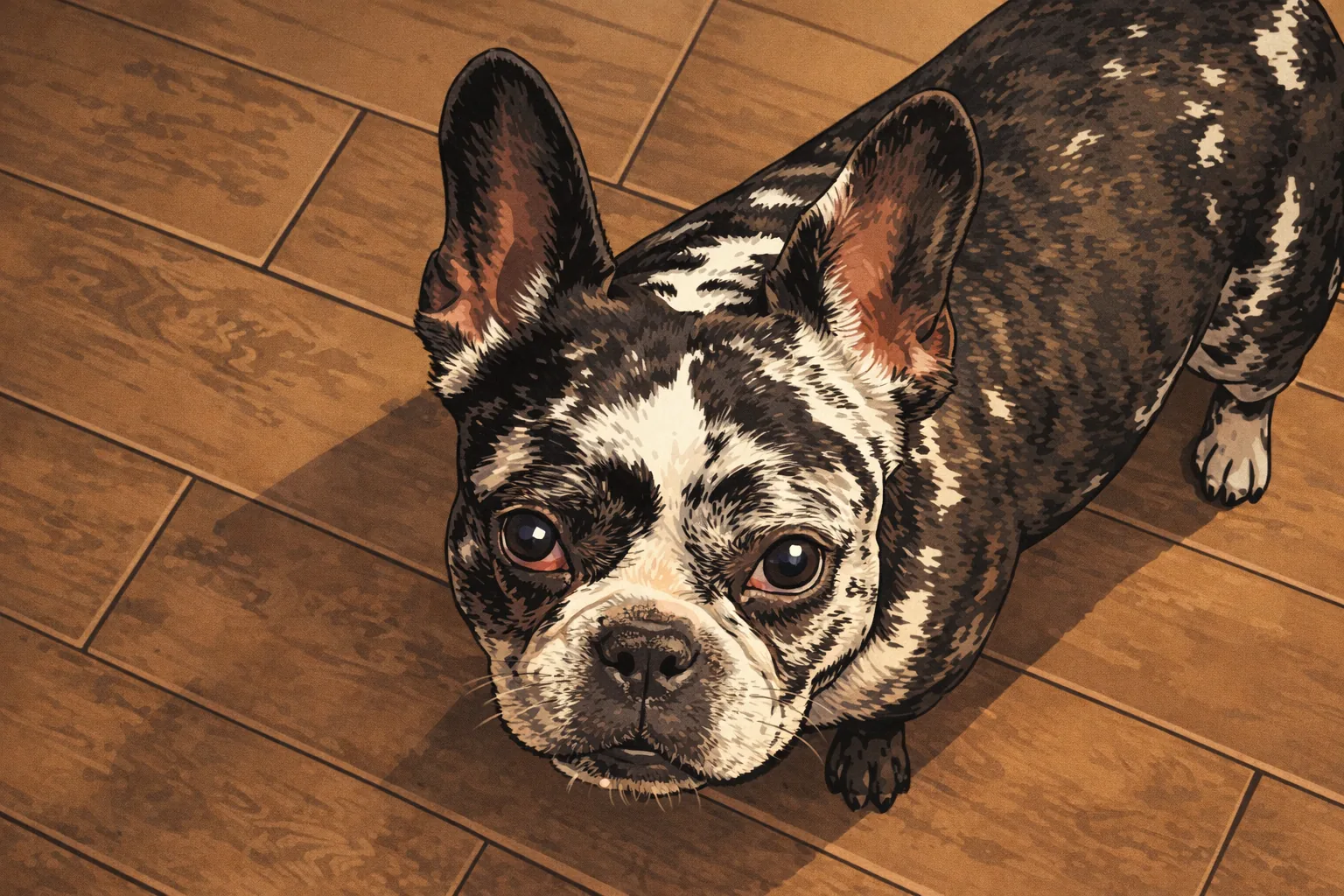 Ink-and-marker illustration of Stella, a black-and-white brindle French Bulldog looking up.