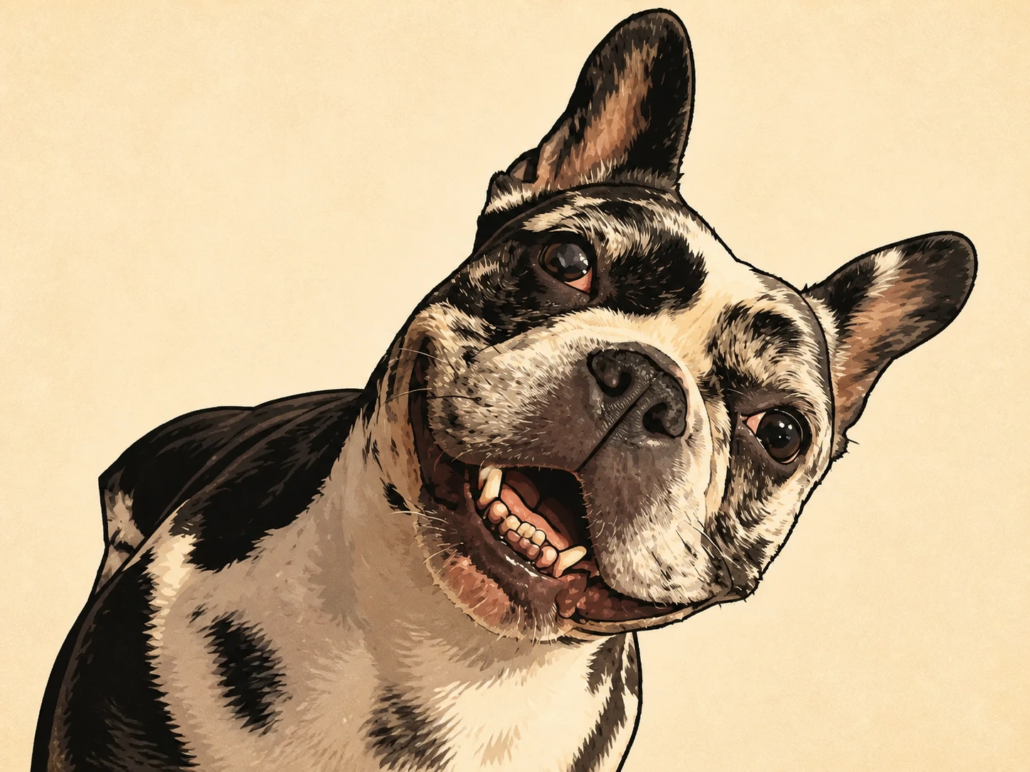 Ink-and-marker illustration of Stella in close-up, grinning with her head tilted to one side.
