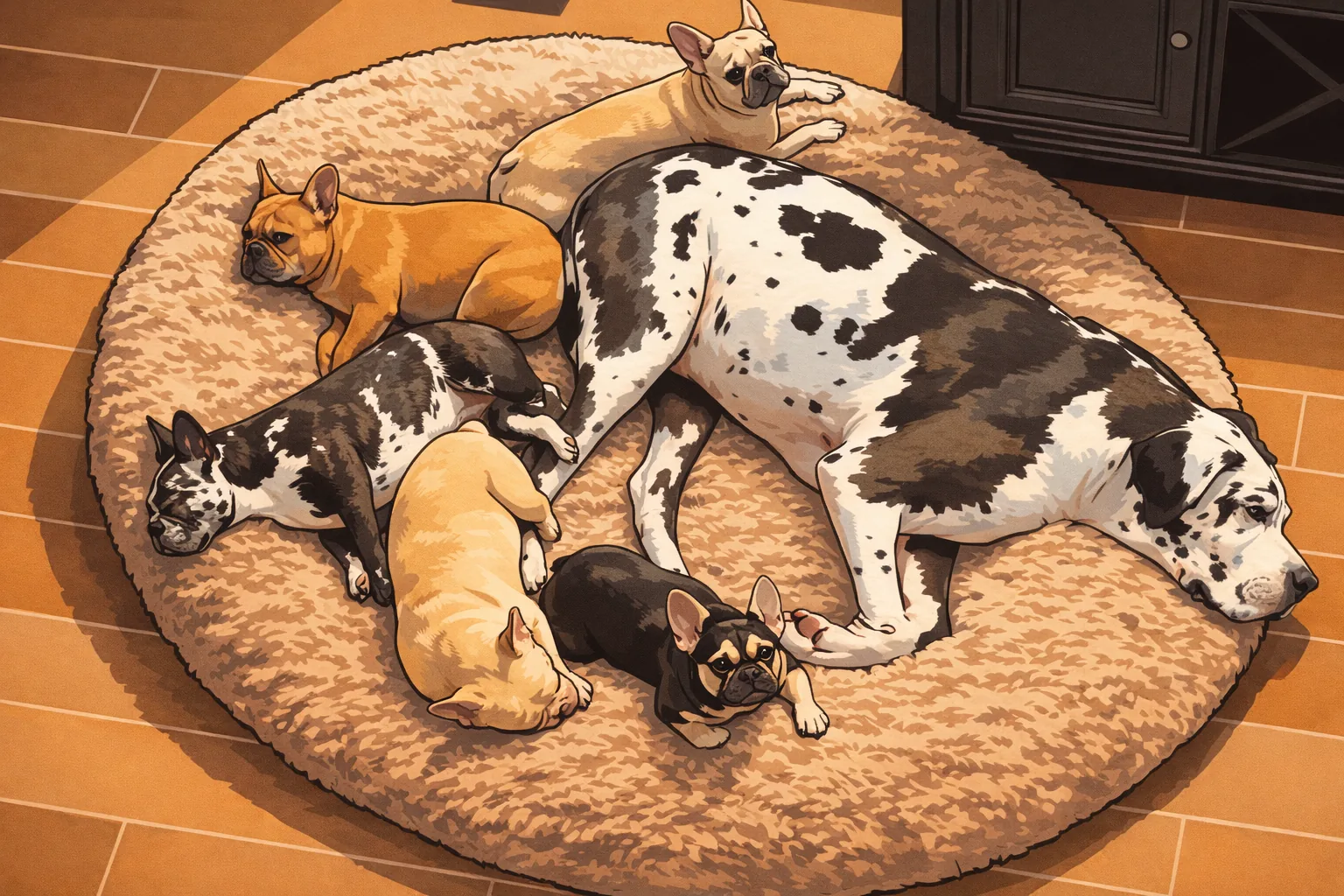 Ink-and-marker illustration of Winston and several French Bulldogs lounging on a large bed.