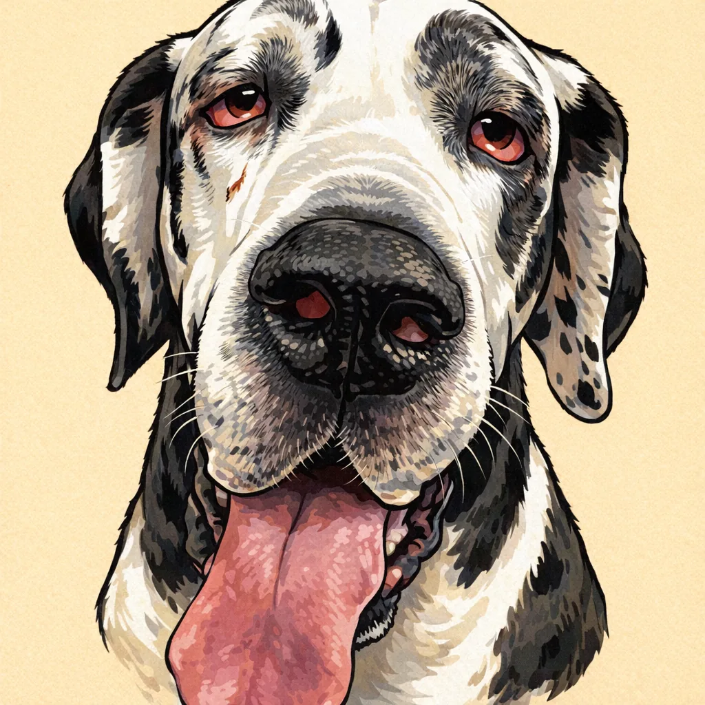 Ink-and-marker illustration of Winston, a black-and-white Great Dane with his tongue out.