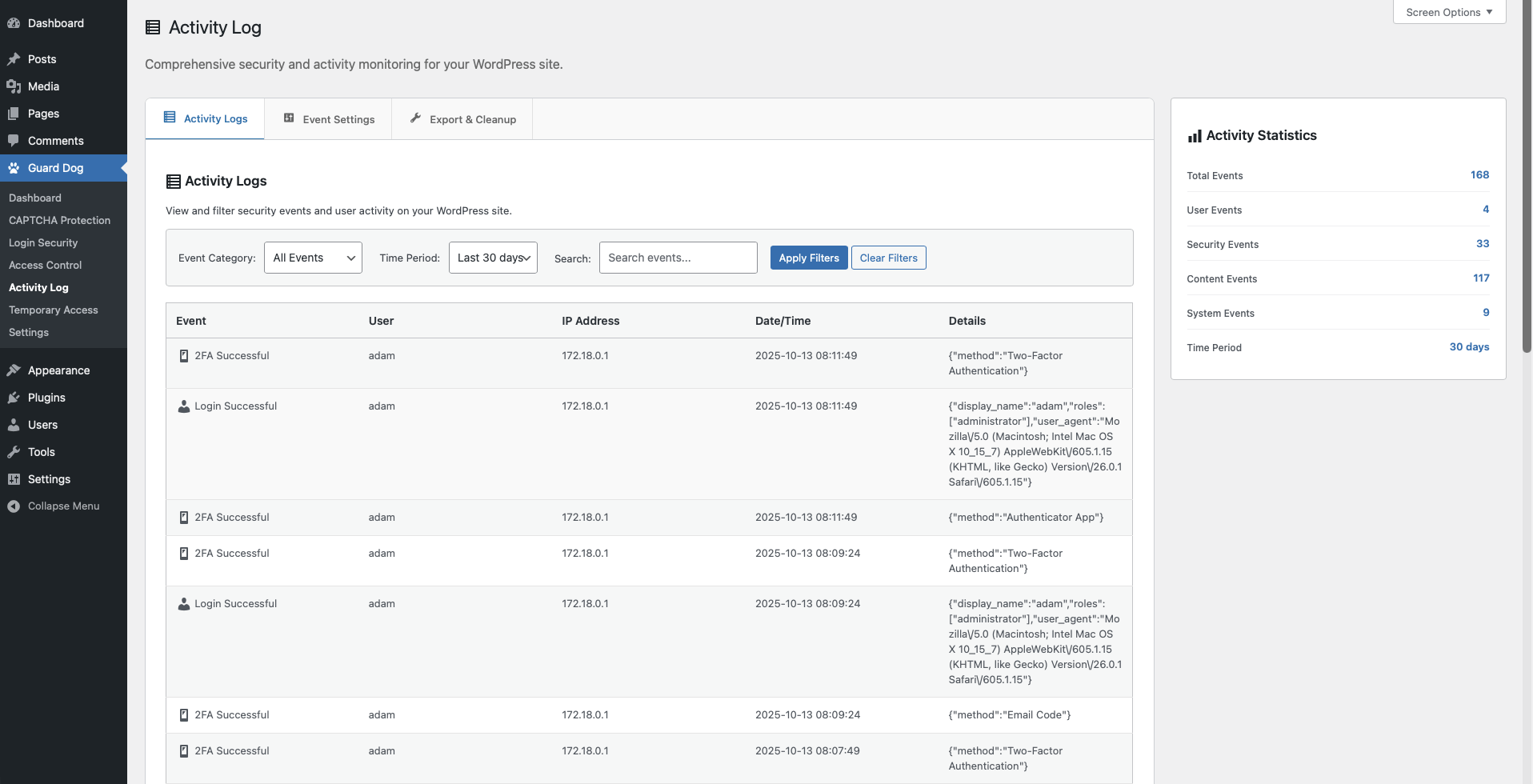 Guard Dog Activity Log screen showing security events and activity statistics.